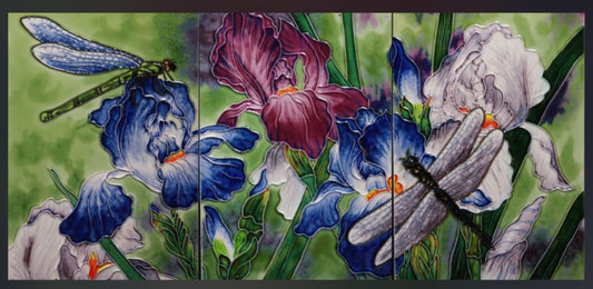 The Barclay Hand Painted Ceramic Tile Wall Art - Flowers and Dragonflies